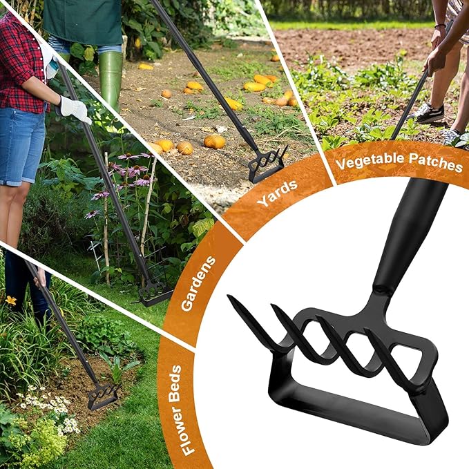 Hula Hoe Garden Tool - 2 in 1 Stirrup Action Hoe & Rake,Heavy Duty Weeding & Cultivating Tool,Adjustable Long Handle (36”-74”),Sharp Carbon Steel Blade for Effortless Gardening