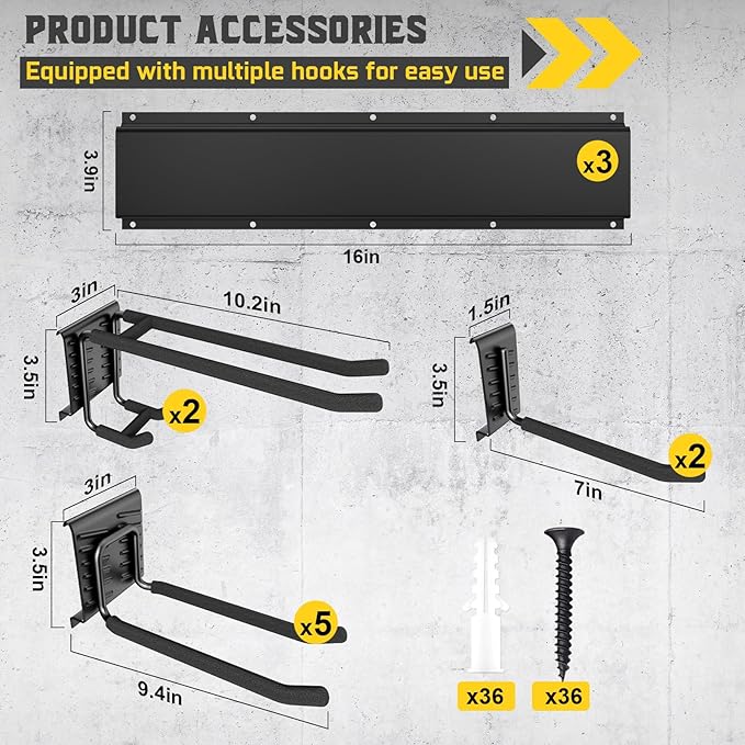 48" Garage Tool Organizer Wall Mount, Garden Tool Organizer, Garages Organizers with Adjustable Hooks, Tool Storage Rack Bearing 440lbs (3 Racks, 9 Hooks)