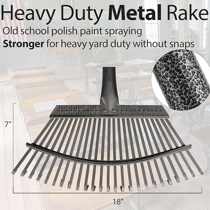 Rake for Leaves, 25 Tines 18" Wide Large Leaf Rake Heavy Duty for Lawns 6ft, Adjustable Lawn Yard Adult Kids Metal Garden Rake for Chicken Coop, Shrub, Pine Needle, Camping