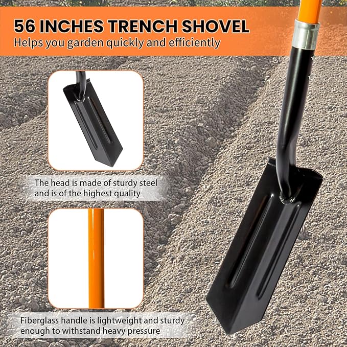 Trench Shovel for Digging, 4-Inch Trench Shovel, Heavy Duty Trenching Shovel with Fiberglass Handle, 56 Inches