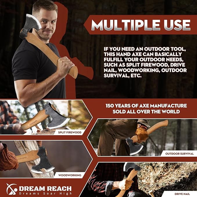 Dream Reach Hatchet Axe with Sheath Wood Hatchet Carbon Steel Heat Treated Bushcraft Hatchet - 14" Hand Forged Camping Axe for Chopping Wood, Garden