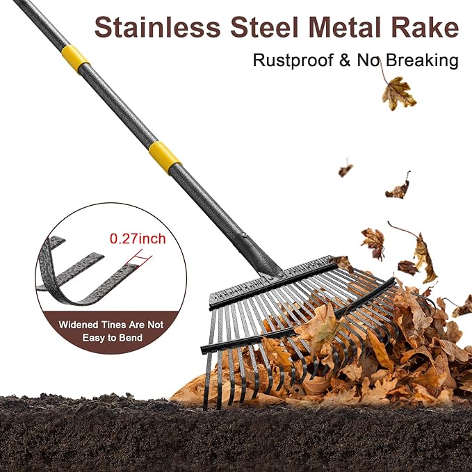 Metal Garden Rake, 6FT Rake for Leaves Lawns, 25 Metal Tines 18 inch Wide with Adjustable Handle Heavy Duty Yard Leaf Rakes for Gardening