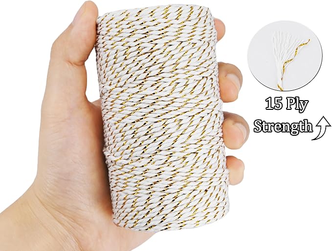 Leecogo Cotton Twine Gold and White Baker String 2mm Thick 328 Feet Christmas Twine for Gift Wrapping DIY Crafts Home Party Decoration Gardening