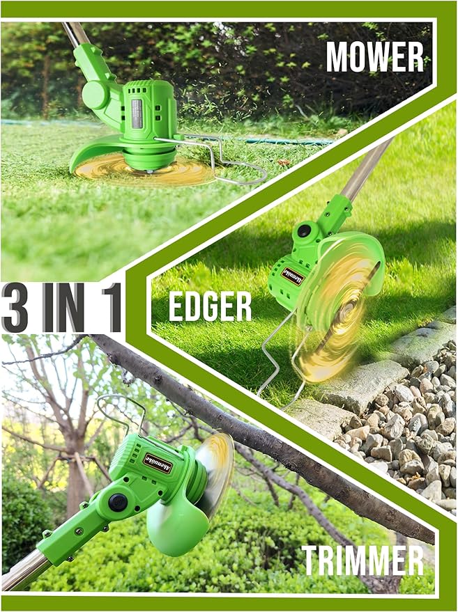 Electric Weed Wacker Cordless: 21V Weed Eaters Battery Powered with 2 Batteries & Charger, Stringless Metal Blade Weed Trimmer 3 in 1 Grass Trimmer/Edger/Brush Cutter for Lawn Yard Garden