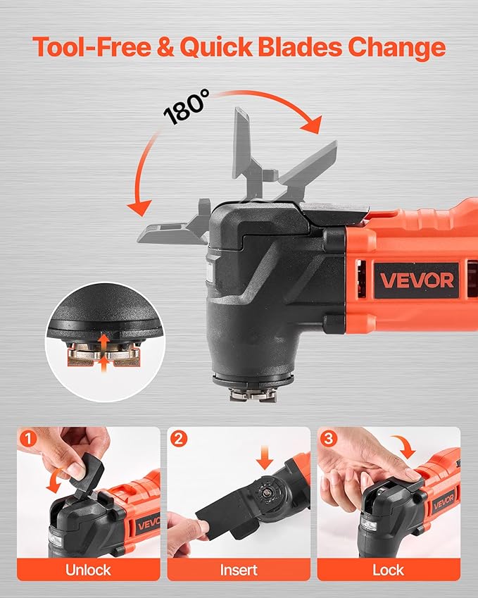 VEVOR Cordless Oscillating Tool, 20V Multitool Oscillating Tool with 6 Variable Speeds 8500-17000 OPM, 3.2° Oscillating Angle, 8PCS Saw Accessories & LED Work Light (Battery Pack Not Included)