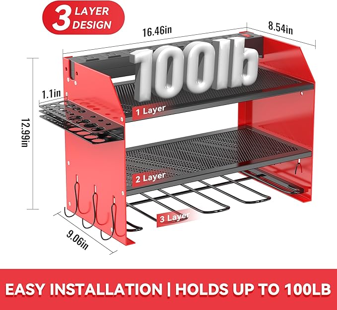 Heavy Duty Drill Holder & Power Tool Organizer Wall Mount, Metal Cordless Tool Organizer for Cordless Drill, Accessory Holder Rack (3L4D WITH CHARGING STATION (RED), With Charging Station)