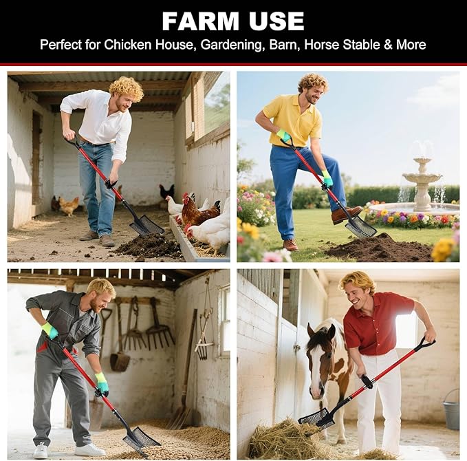 Sifting Shovel, Heavy Duty Sand Sifter Shovel with Ergonomic Grip for Beach, Farm and Garden, Chicken Coop Poop Scooper - 53.2 inch