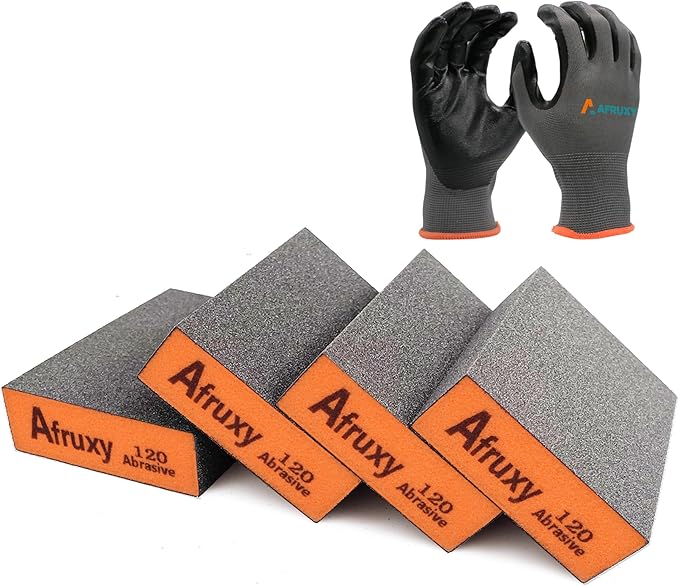 4-Pack Drywall Sanding Sponge with Work Gloves - 120 grit Sanding Block - Medium-Fine Non-Clogging Sandpaper Sponge for Drywall, Wood, Metal, Auto, Paint Prep - Wet/Dry