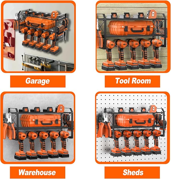 3 Tier Metal Cordless Tool Organizer, Power Tool Organizer Wall Mount for Men Love Tidy Spaces, Heavy Duty Wall Mount Garage Storage For Work Shop, Garage On Pegboard, Wood, Concrete