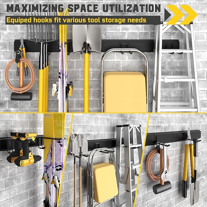 48" Garage Tool Organizer Wall Mount, Garden Tool Organizer, Garages Organizers with Adjustable Hooks, Tool Storage Rack Bearing 440lbs (3 Racks, 9 Hooks)