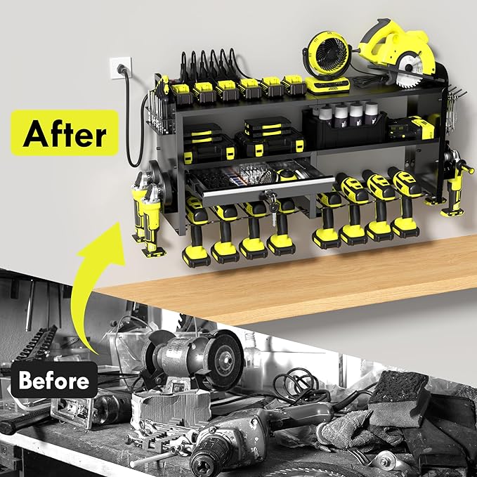 KSVO Power Tool Organizer Wall Mount with Drill Rack, Grinder Holder, Hammer & Pliers Rack, Locking Drawers, 6-Outlet Charging Shelf – Heavy Duty Metal Tool Storage for Garage, Workshop (Black)