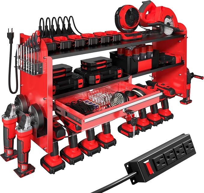 KSVO Power Tool Organizer Wall Mount with Drill Rack, Grinder Holder, Hammer & Pliers Rack, Locking Drawers, 6-Outlet Charging Shelf – Heavy Duty Metal Tool Storage for Garage, Workshop (Red)