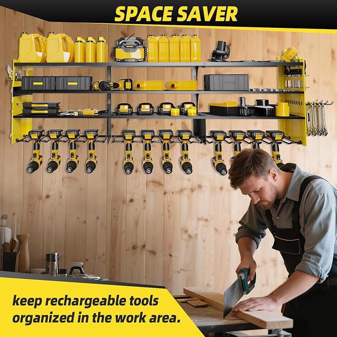 Power Tool Organizer Wall Mount with 12-Drill Holders-800Lbs Load Heavy Duty Metal 4-Layers Garage Storage and Organization with Side-Plates Adjustable Battery Tools Rack Utility Racks Gifts for Men