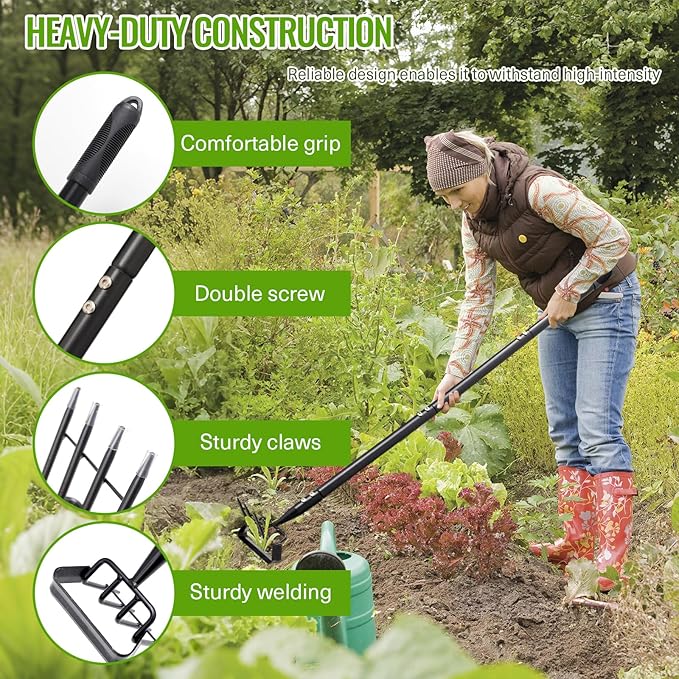 Garden Hoe, Heavy Duty Stirrup Hoe with 30-63" Adjustable Long Handle, Hula Hoe Garden Tool for Weeding, Double Action Scuffle Loop Hoe with Cultivator Rake for Loosening Soil for Gardening
