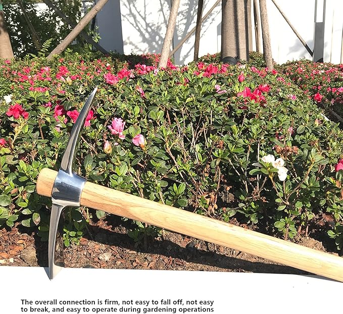 LIANGLIDE Pick Axe Tool Garden Hoe Detachable Pickaxe Hoe Stainless Steel Pickaxe Hoe with Wooden Handle Heavy Duty Wood Pick Axe Garden Mattock Tool for Transplanting Digging Planting Loosening Soil