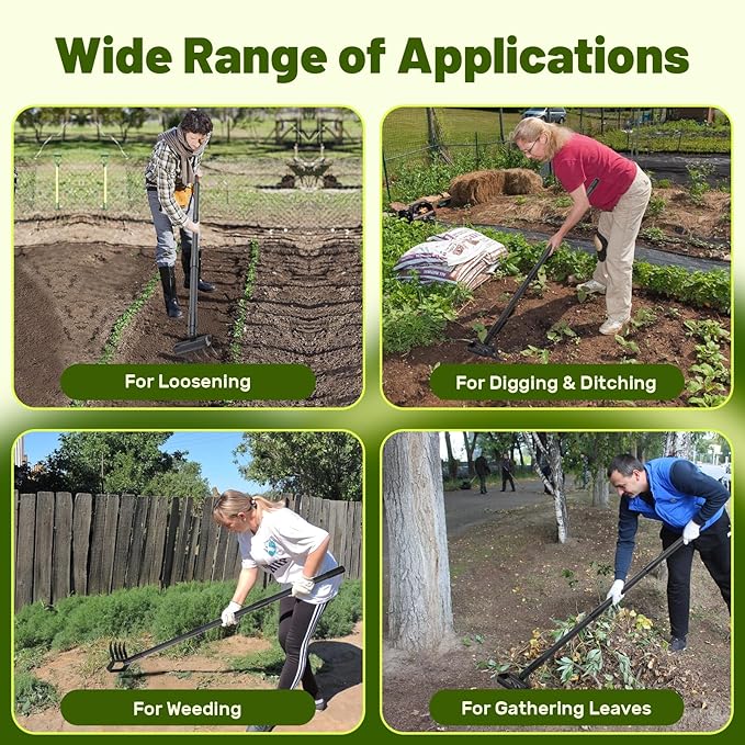 2 in 1 Weeding Tools Gardening Weed Puller with Long Handle,Stirrup Hula Garden Hoe with 4 Tines Rake,Garden Tiller Cultivator with 62.6" Adjustable Handle for Weeding,Seeding,Ditching,Loosening