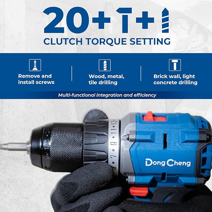 Dong Cheng 20V Brushless Heavy-duty Impact Drill Bare Tool, 531 in.lbs, 1/2" Keyless Metal Chuck, 20+1+1 Clutch for Drilling Brick Wall, Metal, Wood (Bare Tool)