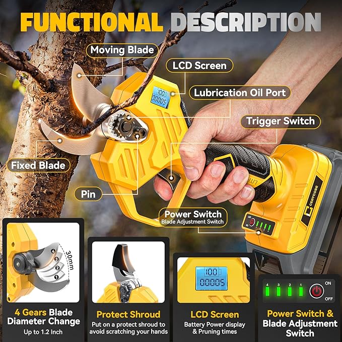 Pruning Shears Compatible with DeWalt 20v Battery,Cordless Electric Pruner with LCD Display & Imported SK7 Steel Blades,1.2-Inch Cutting Diameter for Gardening Tree Pruning(No Battery)