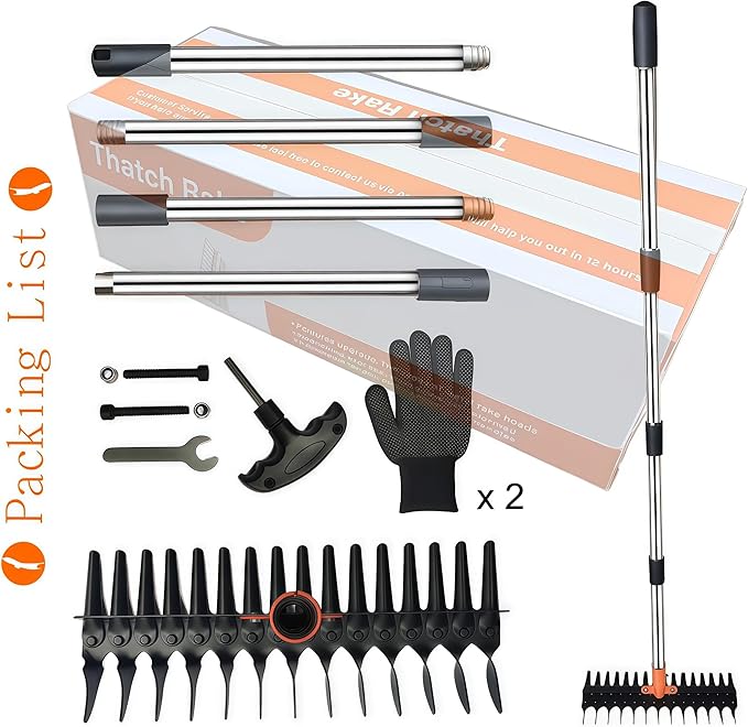 Thatching rakes for lawns, Heavy Duty Metal Thatcher rake with Strong Handle, Wide 15inch Iron dethatching rakes for Yard Leaf & Weed Clean, Soil Loose (Yellow-tine29)