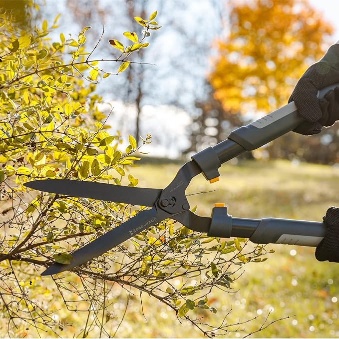 Woodland Tools Heavy Duty Hedge Shears, 25 Inch Manual Hedge Clippers with 10 Inch Lever-Assist Blades and Non Stick Coating, Branch Trimmer for Dense Shrubs and Overgrown Hedges