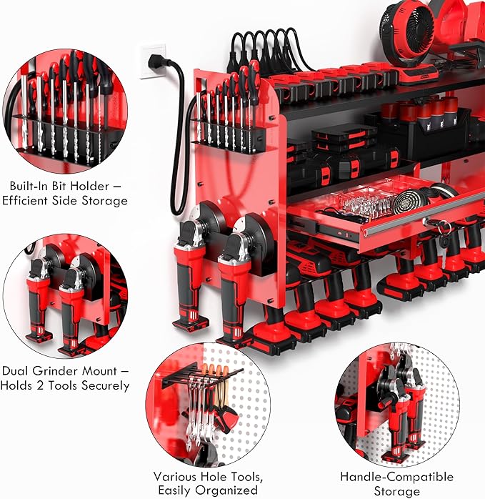 KSVO Power Tool Organizer Wall Mount with Drill Rack, Grinder Holder, Hammer & Pliers Rack, Locking Drawers, 6-Outlet Charging Shelf – Heavy Duty Metal Tool Storage for Garage, Workshop (Red)