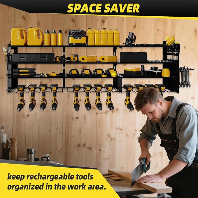 Power Tool Organizer Wall Mount with 12-Drill Holders-800Lbs Load Heavy Duty Metal 4-Layers Garage Storage and Organization Adjustable Battery Tools Rack with Side Panels Utility Racks Gifts for Men