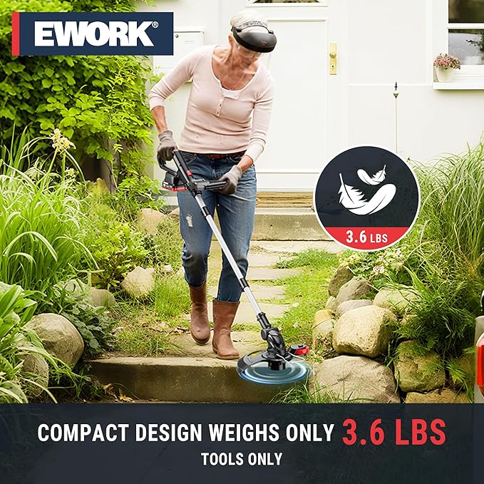 EWORK 20V Cordless String Trimmer 12-Inch Trimmer and Edger with Auto Line Feed, Electric Weed Wacker with 2.0Ah Battery and Charger & 6 Replacement Spools for Lawn, Garden, Yard, etc
