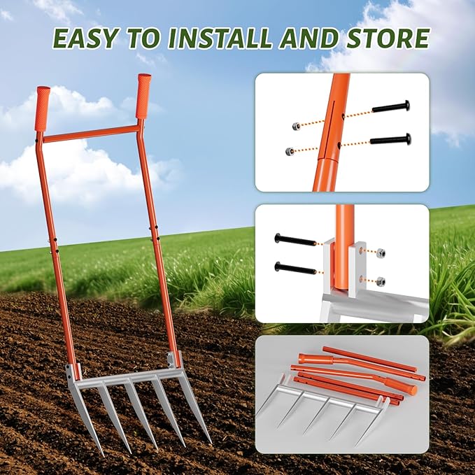 5-Tine Broadfork, 50" Broad Fork Garden Tool Heavy Duty Digging Pitch Fork with H-Shaped Design for Gardening, Farm Cultivating, Loosening Soil