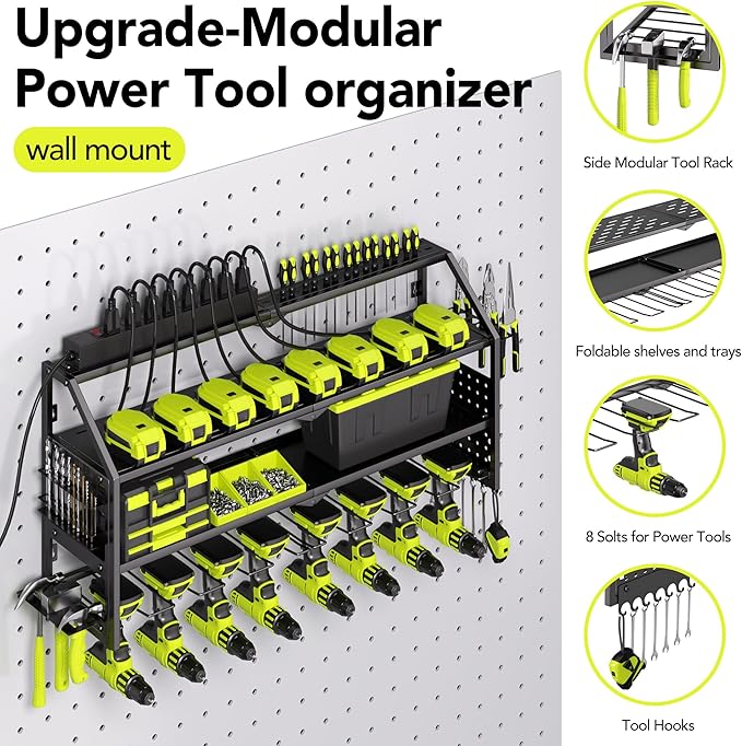 Power Tool Organizer Wall Mount with Charging Station, 8 Drill Holder with 8-Outlet Power Strip, Garage Cordless Drill Storage and Organization, Battery Utility Rack