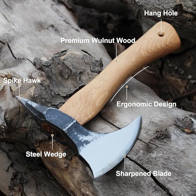 Hatchet Axe Spike Hawk, 11" Forged Carbon Steel Chopping Axe for Wood Splitting, Kindling, Outdoor Camping