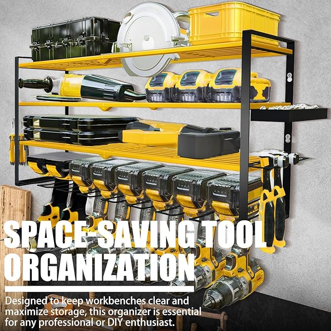 Power Tool Organizer Wall Mount – Metal Cordless Drill Storage Rack with 8 Slots, 4-Tier Adjustable Shelf for Garage, Workshop & Shed Yellow