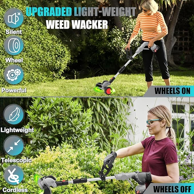 Weed Wacker Cordless Battery Powered Electric Weed Trimmer with 2X 21V/4.0Ah Battery Operated & Wheels 3 Types Blades, 3 in 1 Stringless Grass Trimmer/Edger/Brush Cutter for Garden Yard Lawn(Gray)
