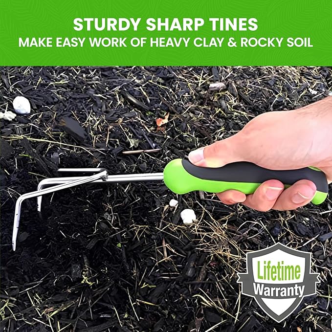 Garden Guru Hand Cultivator - Stainless Steel Hand Rake Soil Tiller with Ergonomic Handle, Great for Gardening, Cultivating, Loosening and Weeding (4 Pack)