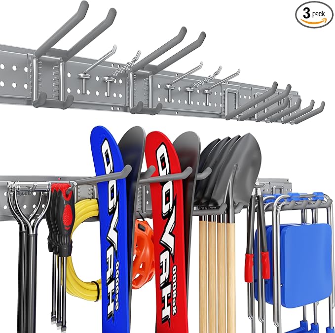 Garage Tool Organizer Wall Mount 48 inches with 10 Adjustable Heavy-Duty Hooks, Garage Organization, Garden Tool Storage Rack, Yard, and Shed, Holds Up to 400 lbs (Grey)