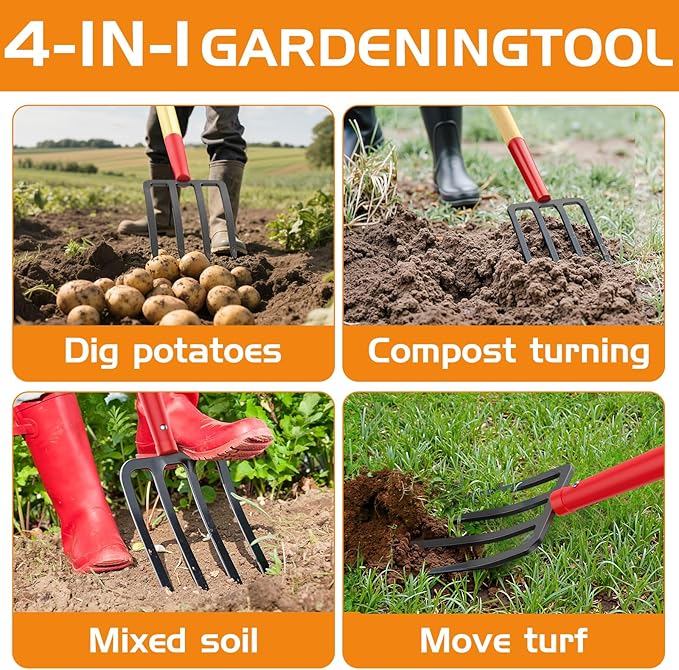 HIGHLIGHT Garden Fork, 4-Tine Spading Fork, Compost Fork, Steel Digging Fork, 45Inch, Steel D-Grip, Wooden Handle