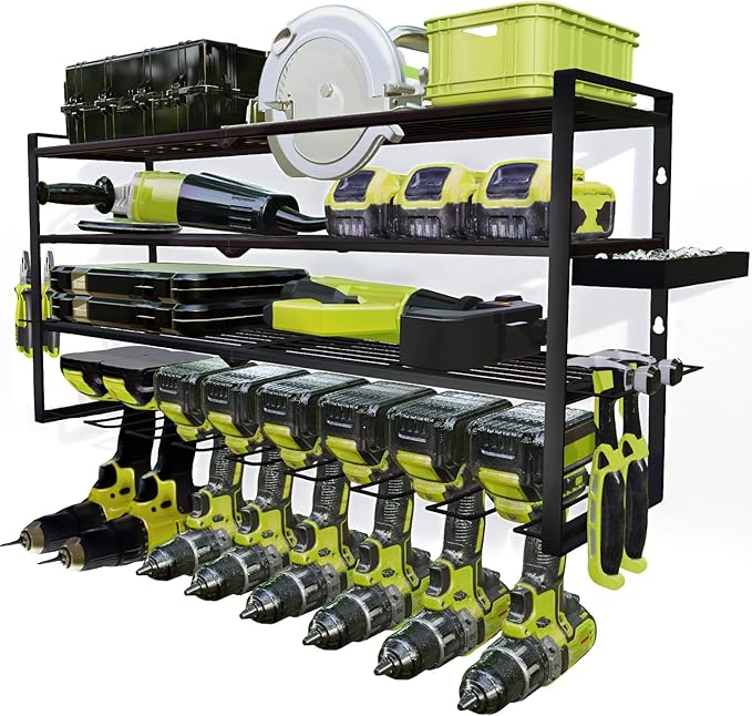 Power Tool Organizer Wall Mount – Metal Cordless Drill Storage Rack with 8 Slots, 4-Tier Adjustable Shelf for Garage, Workshop & Shed Black