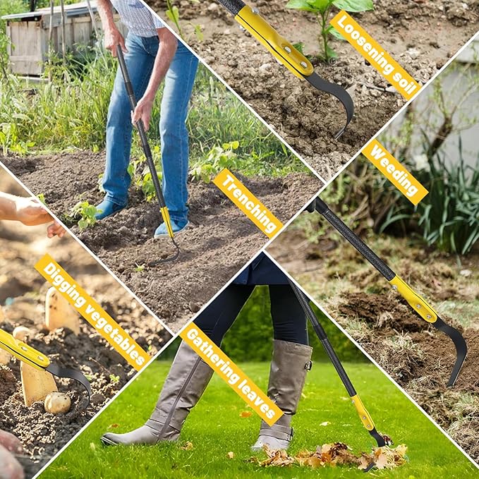 Garden Hoe Tool, 63 Inch L Shaped Hoe Garden Tools with Adjustable Long Handle for Weeding, Loosening Soil,Trenching, Heavy Duty Crack Crevice Weeding Hoe Hand Garden Tools for for Gardening Planting