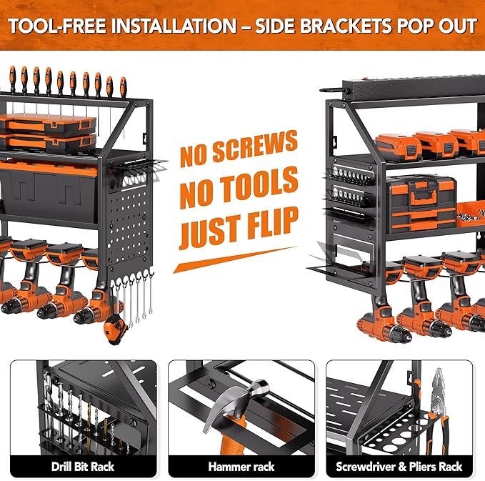 Extra Large Power Tool Organizer Wall Mount with Charging Station, 12 Drill Holders Heavy Duty with 8-Outlet Power Strip, Garage Cordless Drill Storage and Organization, Battery Utility Rack