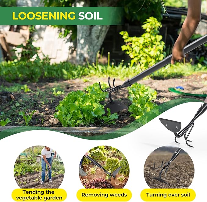 Garden Hoe 23 Inch Long Cultivator with Adjustable Long Handle - Heavy Duty Weeding & Soil Loosening Tool for Gardening, Lawn, and Yard Work