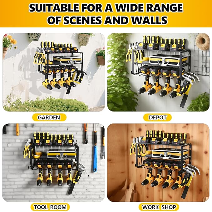 Power Tool Organizer Wall Mount,battery storage rack,Heavy Duty Iron Material, Garage & Workshop Tool Organizer Storage,150Lbs Load 3 Layers Storage Rack with 4 Drill Holders for Drills Cordless Tools