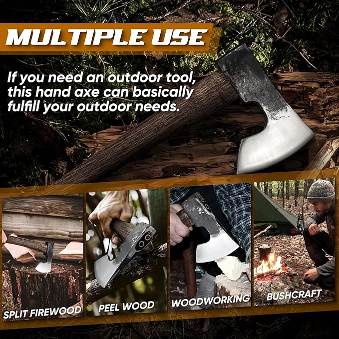 Dream Reach 14.5"" Camping Hatchet with Sheath, Bushcraft Axe with Carbonized Handle, Hand Forged Carving Axe, Splitting Hatchet for Chopping Wood, Gardening, Black
