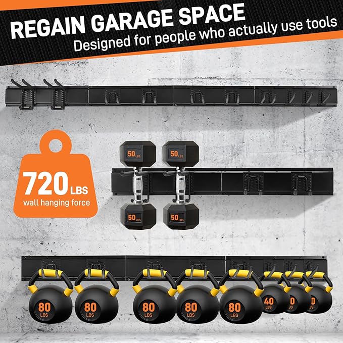 66" Garage Tool Organizer Wall Mount - 720lbs Heavy Duty Metal Rack with Adjustable Hooks, Anti-Rust Shed Storage for Shovels/Rakes/Brooms/Mowers, Efficient Garage & Garden Organization