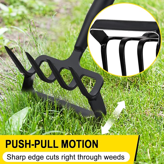 Garden Hoe, Heavy Duty Hula Hoe Garden Tool for Weeding, 62 Inch Cultivator Stirrup Hoe with Adjustable Long Handle, Action Scuffle Loop Hoe with Rake 2-in-1 Gardening Tool for Loosening Pulling Weed