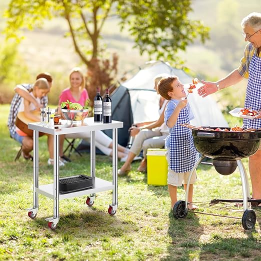 Mophorn 30x18x34 Inch Stainless Steel Work Table 3-Stage Adjustable Shelf with 4 Wheels Heavy Duty Commercial Food Prep Worktable with Brake for Kitchen Prep Work