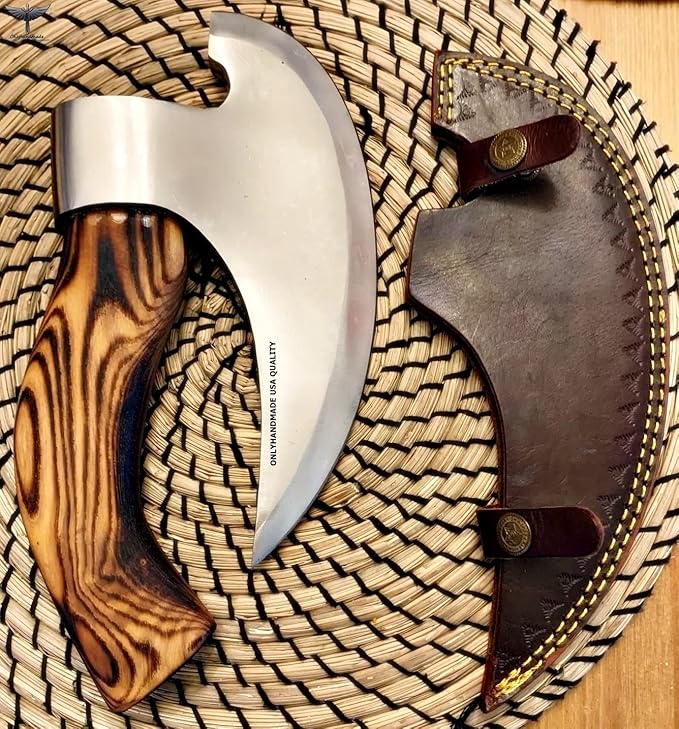 Viking Axe, Viking Hatchet Custom Handmade Pizza Cutting Axe with Leather Sheath, Meat Cutting Axe Personalized Gifts, Gifts for Him, in USA (Cognac)