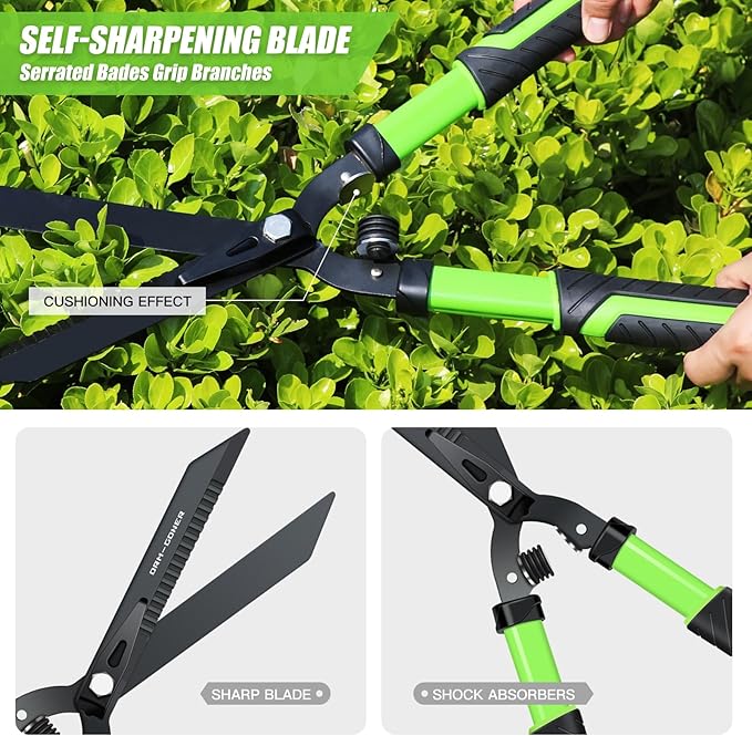 Professional Heavy Duty Hedge Shears 23" - Serrated Blade & Dual Shock Handle, Ergonomic Gardening Clippers with Anti-Rust Coating