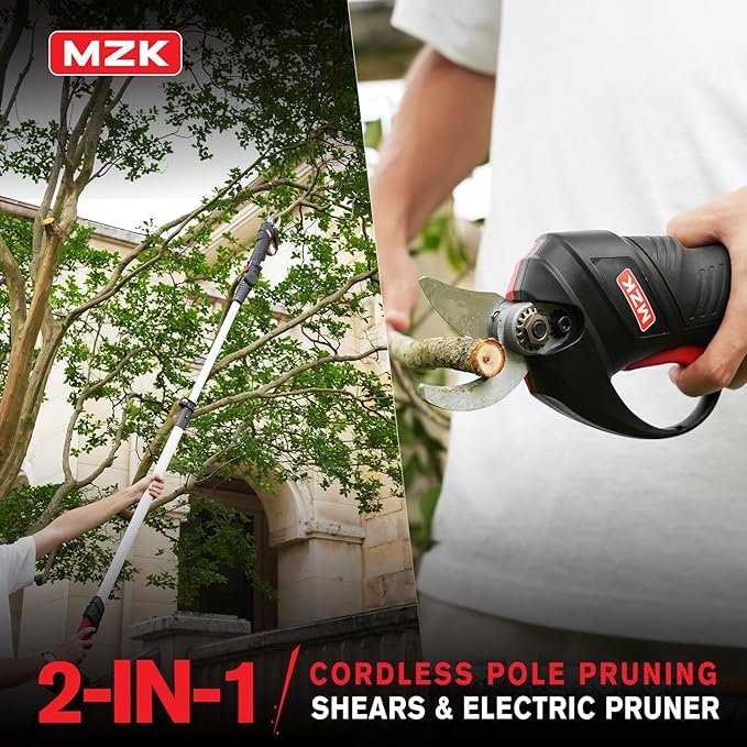 MZK 2-IN-1 Cordless Electric Pole Pruning Shears,20V Battery Powered Cordless Pruner, 1.2" Cutting Diameter, 13 FT MAX Extension Pole for Tree Trimming, Gardens, Orchards PS13D16