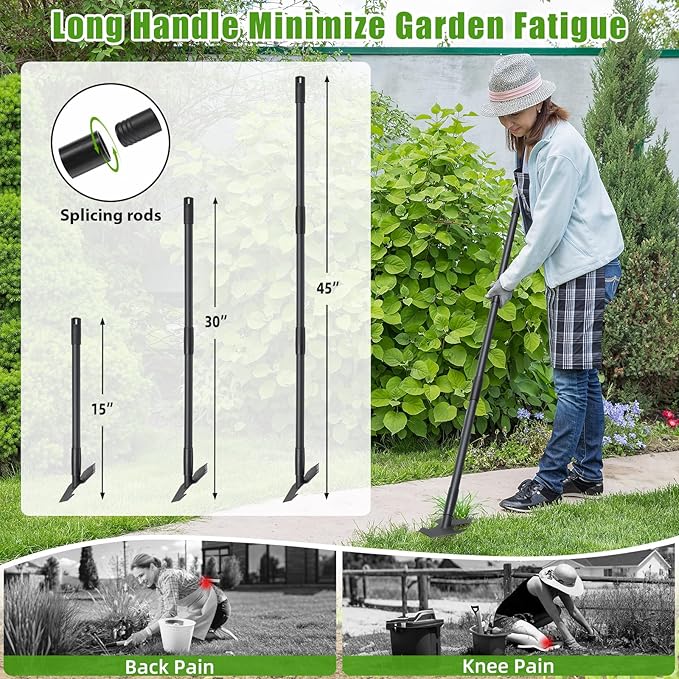 Garden Hoe,2 in 1 Heavy Duty Scuffle Weeding Hoe Garden Tool with Shaped Edge, 45 inch Long Handle, Hand Weeding Rake Action Hoe for Weeding Gardening Grass Weed Moss Removal