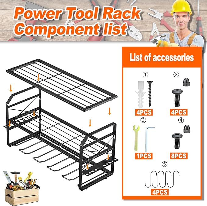 3 Tier Metal Cordless Tool Organizer, Power Tool Organizer Wall Mount for Men Love Tidy Spaces, Heavy Duty Wall Mount Garage Storage For Work Shop, Garage On Pegboard, Wood, Concrete