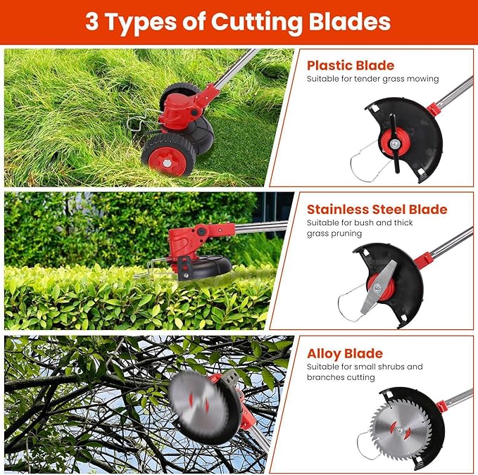 Cordless Weed Wacker, 2x2.5Ah Battery Powered Grass Trimmer, Electric Weed Eater with Wheels, 3-in-1 Electric Lawn Edger with 3 Types Blades Brush Cutter for Garden, Yard